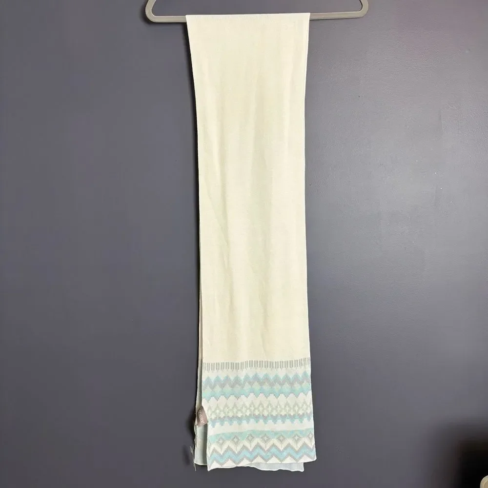 Chico's Fall Winter Scarf Ivory and Ice Blue Pattern 100% Rayon cozy soft NEW